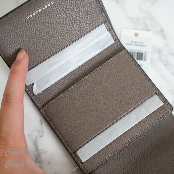 Tory Burch Thea Pebbled Leather Tri-Fold Compact Wallet 169967 in Wild Mushroom - Picture 7 of 9